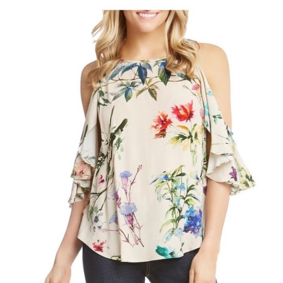 NWT Karen Kane Ruffle Sleeve Cold Shoulder Blouse - Picture 2 of 6